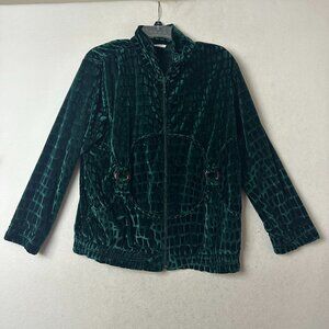 Vtg Adolfo Exclusive jacker sz L‎ Green Crushed Velvet Zip Front giraffe print